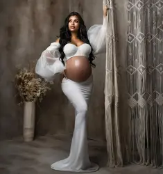 White Mermaid Maternity Robes for Photography 2 Pieces Off Shoulder Pregnant Women Robes Sexy Long Sleeves Evening Party Gowns