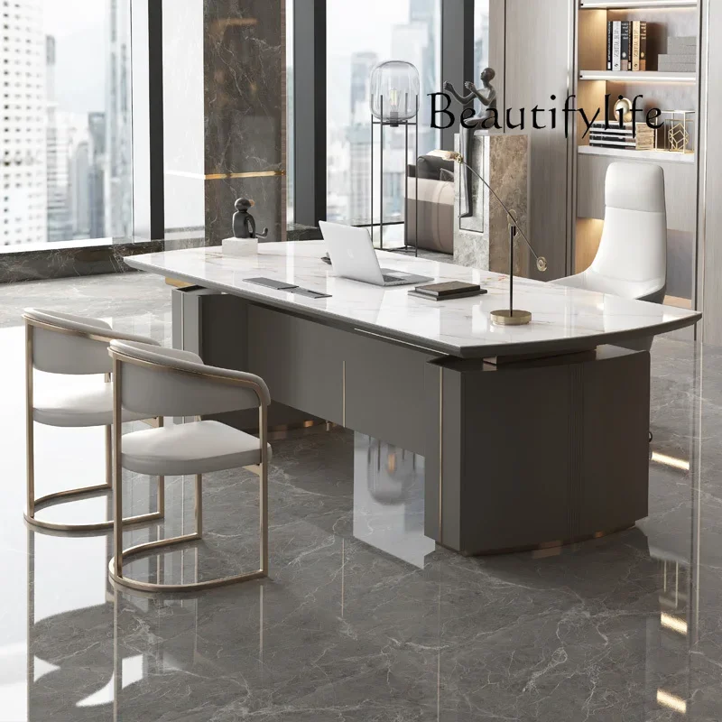 

BJ Light Luxury Glossy Rock Panel Office Desk And Chairs Baked Lacquer Boss Desk Simple Modern Writing President Desk
