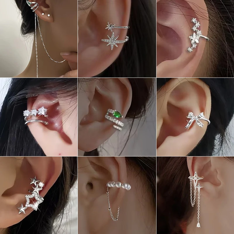 Koreanische Exquisite Zirkon Stern Ohr Clip für Frauen Ohne Piercing Lange Quaste Süße Ohr Manschette Clip Ohrringe Hochzeit Schmuck Geschenk