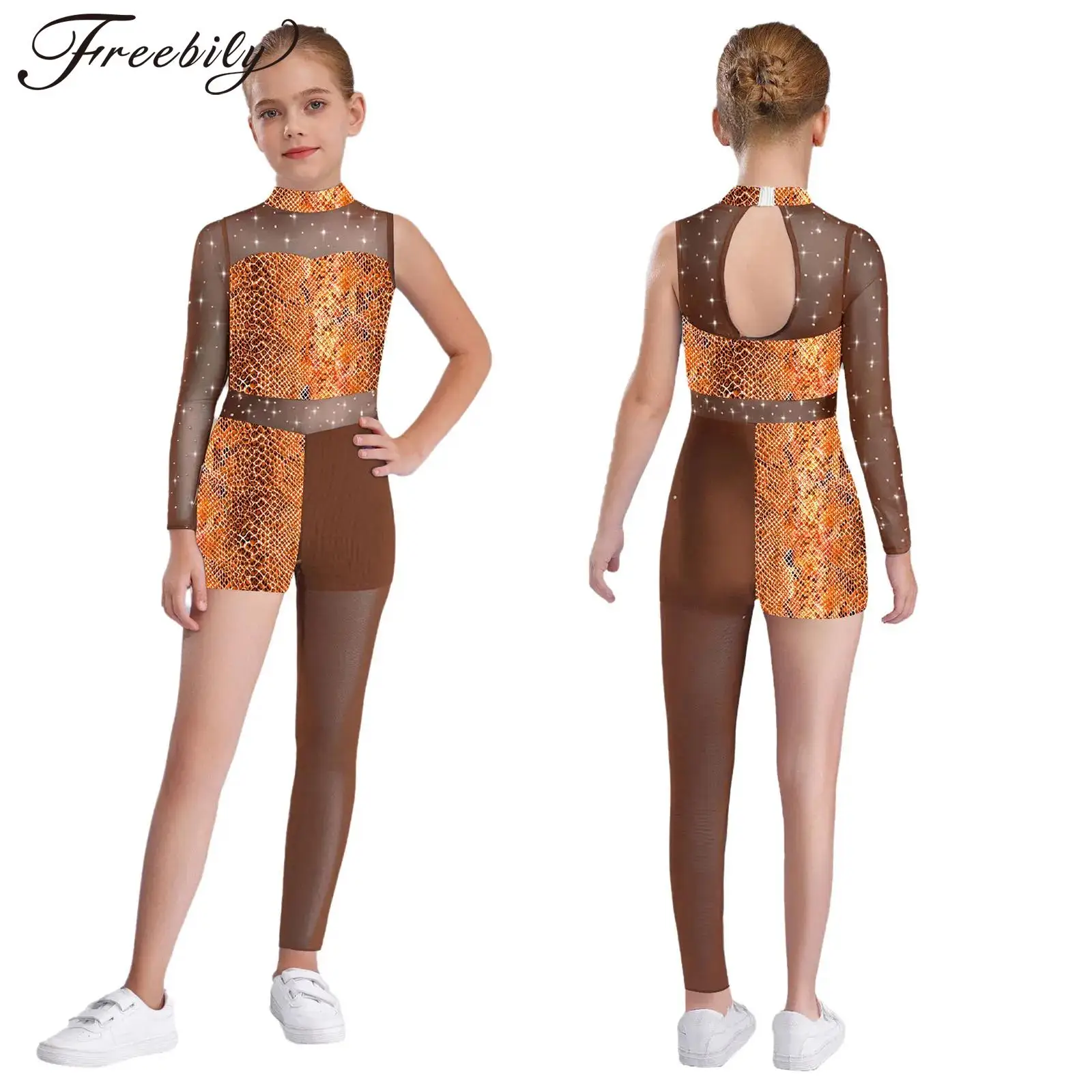 

Детский гимнастический танцевальный купальник для девочек, комбинезон для фигурного катания, акробатики, блестящие стразы, прозрачное сетчатое боди с принтом