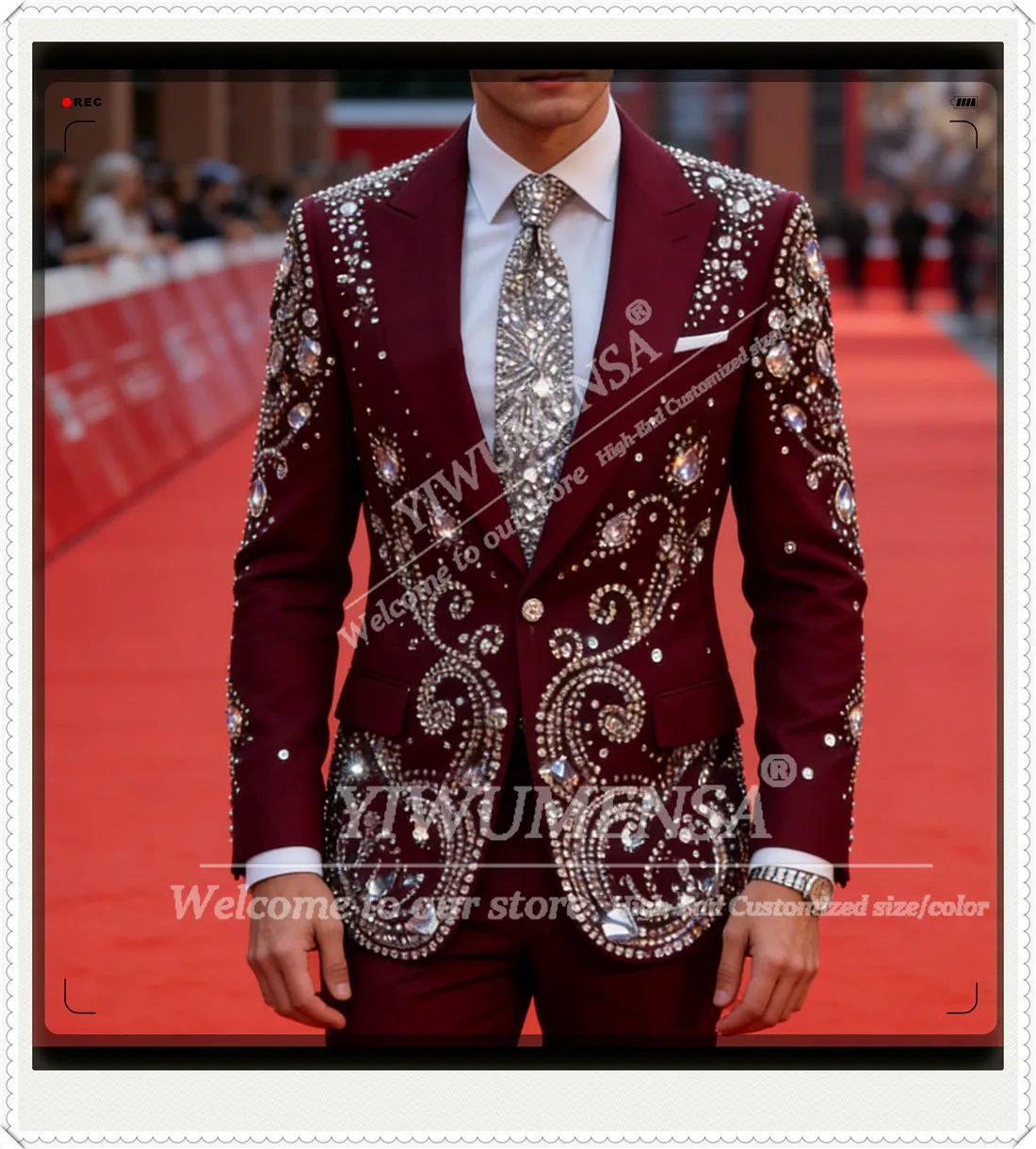 

Jewelry Stones Ornament Men's Suit Single Breasted Jacket Pants 2 Piece Set Groom Wedding Tuxedos Customized Man Chic Outfits