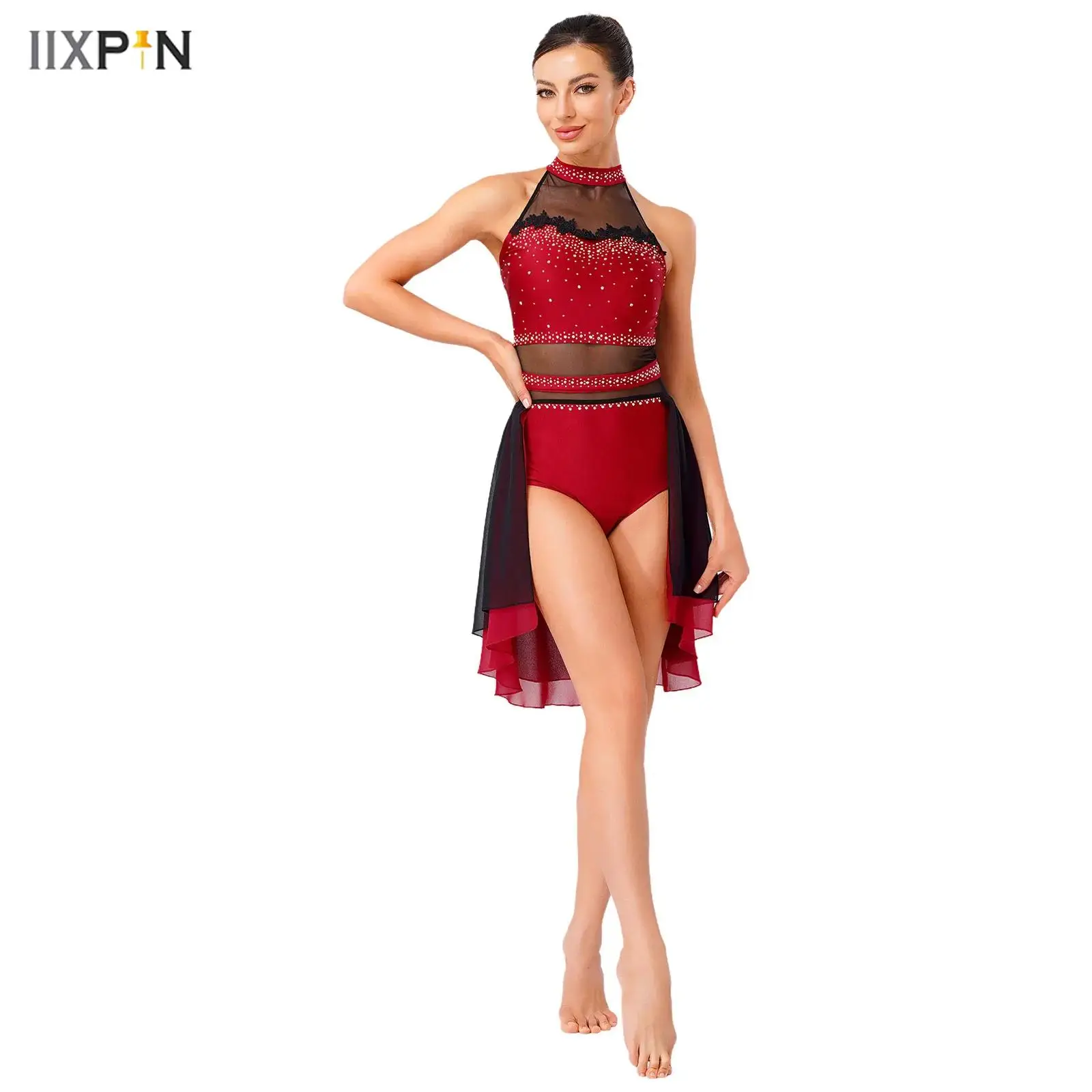 

Women's Lyrical Latin Dance Leotard Dress Halter Backless Shiny Rhinestones Mesh Patchwork Contrast Color Skirted Bodysuit Dress