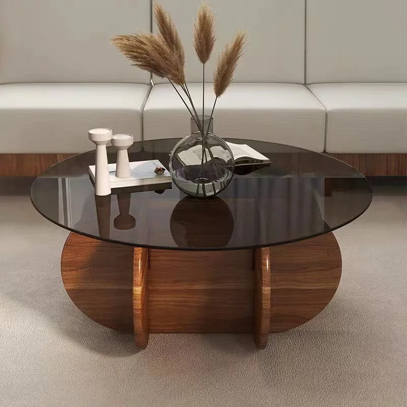 Light luxury glass coffee table modern simple small apartment living room round solid wood home creative design sofa side table