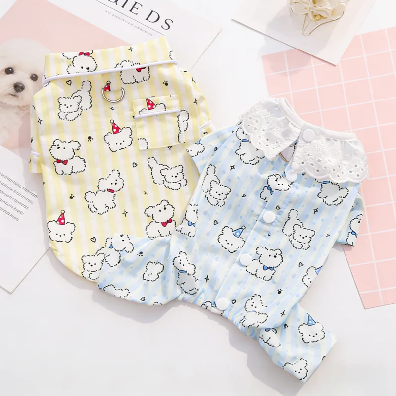 

Cute Cartoon Print Dog Jumpsuits Soft Pet Pajamas Striped Puppy Shirt Lace Collar Cat Rompers Luxury Pet Coat Poodle Dog Clothes