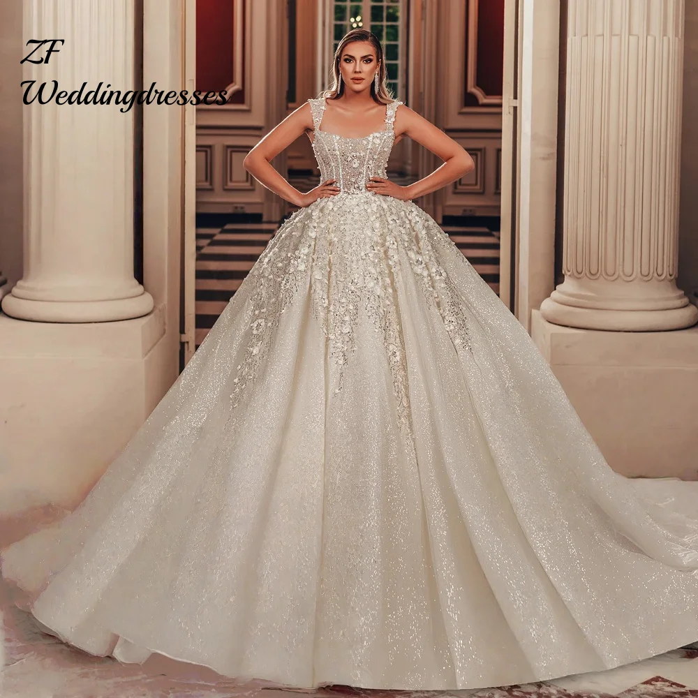 Maßgeschneidertes glänzendes ärmelloses A-Linie-Hochzeitskleid mit wunderschönen Blumen, Prinzessin-Brautkleid, Vestido de Noiva
