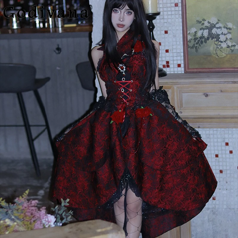 

Black and Red Rose Gorgeous Lolita Dress Girls Grown Up Ceremony Daily Princess Dress Women Strap Evening Elegant Puffy Dress