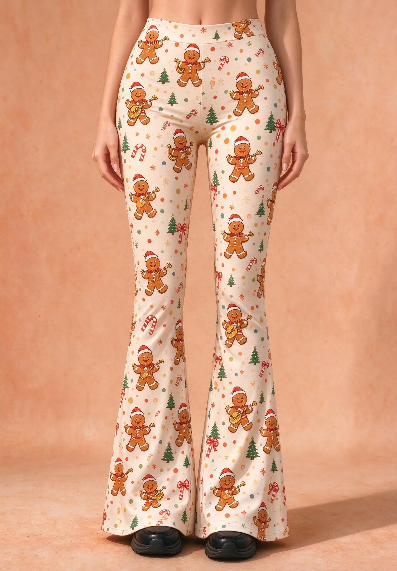 Women Mid Waist Skinny Flare Pants Christmas Gingerbread Man Print Stretch Bell Bottom Trousers