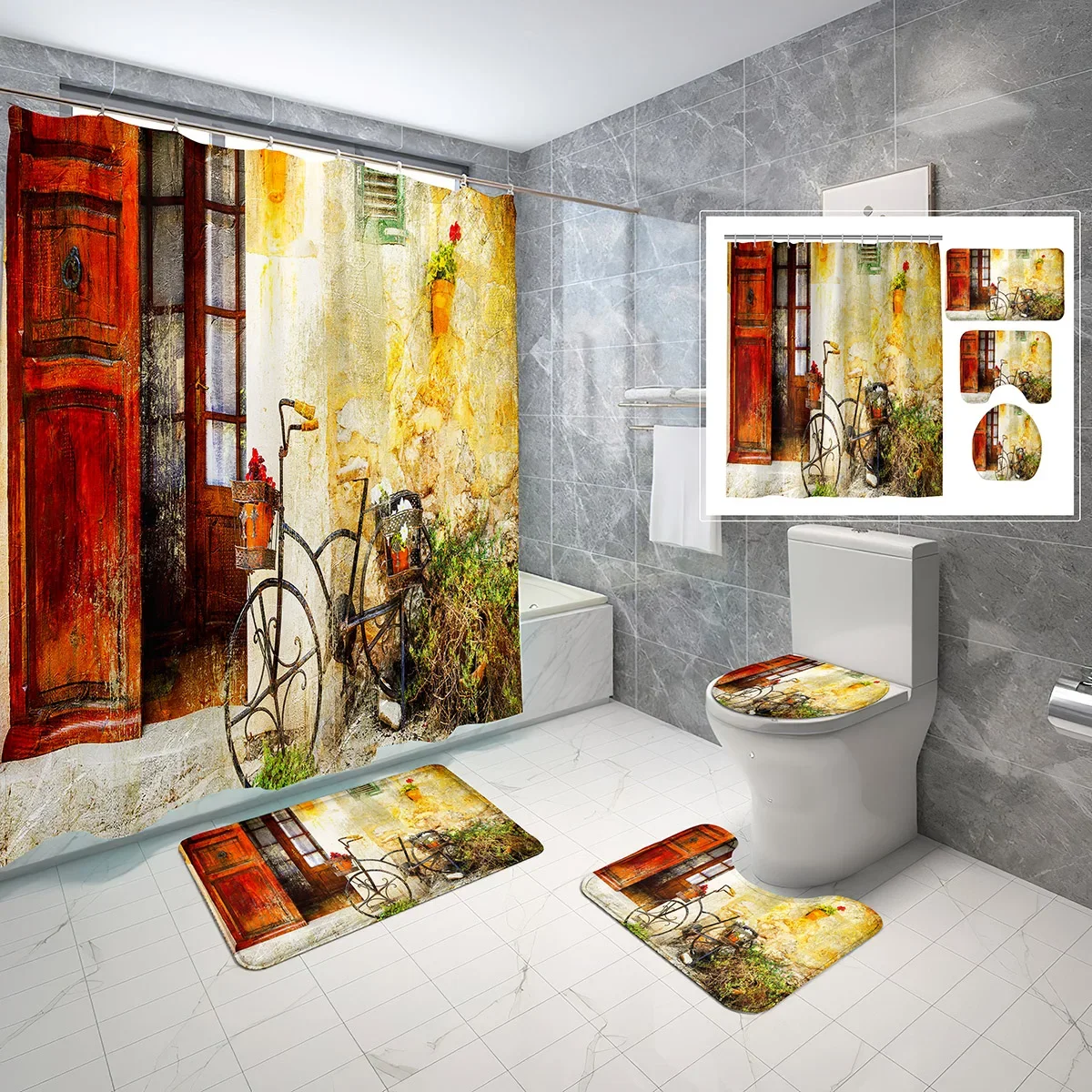 4 Pcs Vintage Bicycle Shower Curtain Set Green Plants Classic Bike Non-Slip Bath Mat Toilet Cover Waterproof Shower Curtain Sets