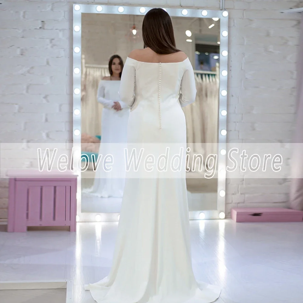 Schulterfreies, langärmliges, standesamtliches Hochzeitskleid mit U-Boot-Ausschnitt, einfaches Brautkleid für die Braut, bodenlanger Knopf, Übergröße, Robe De Mariee