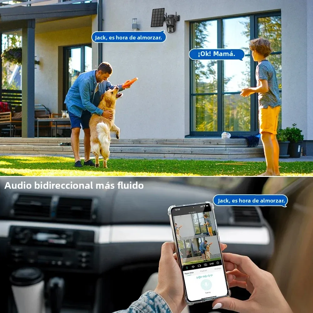Cámaras ICsee 4K para exteriores, con energía solar, conexión WiFi, doble lente, doble pantalla, cámara de seguridad inalámbrica para el hogar, detección de movimiento humano mediante sensor PIR, 365 días de autonomía.
