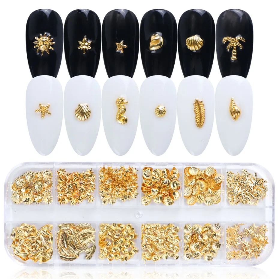 Gold Nail Art Alloy Studs Seaside 3D Decorations Sea Shell Star Feathers Charm Metal Frame Rivets Nail Sequin Accessories BE25-2