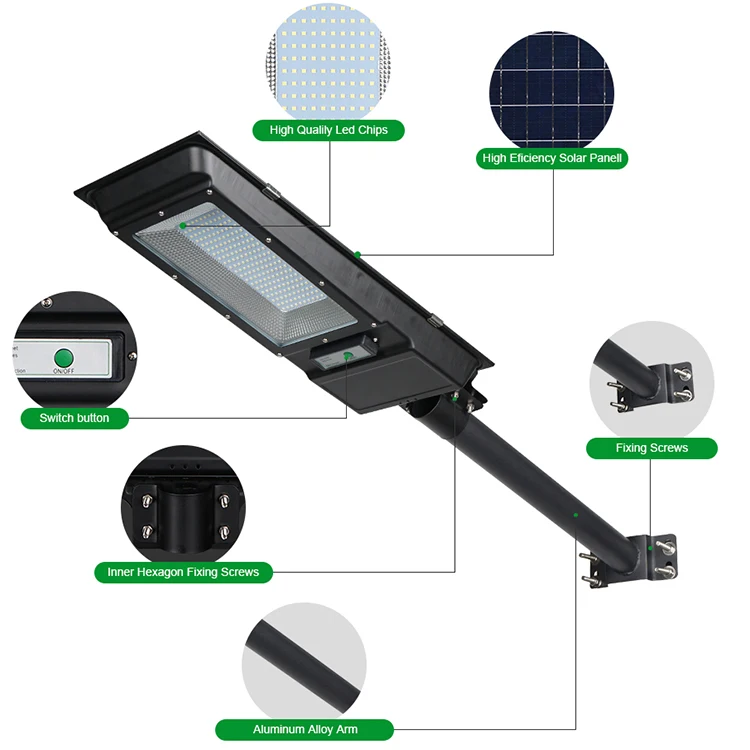 Lâmpada de rua integrada para jardim, tudo em um, LED Solar Street Light, impermeável Ip65, ao ar livre, 60W, 100W