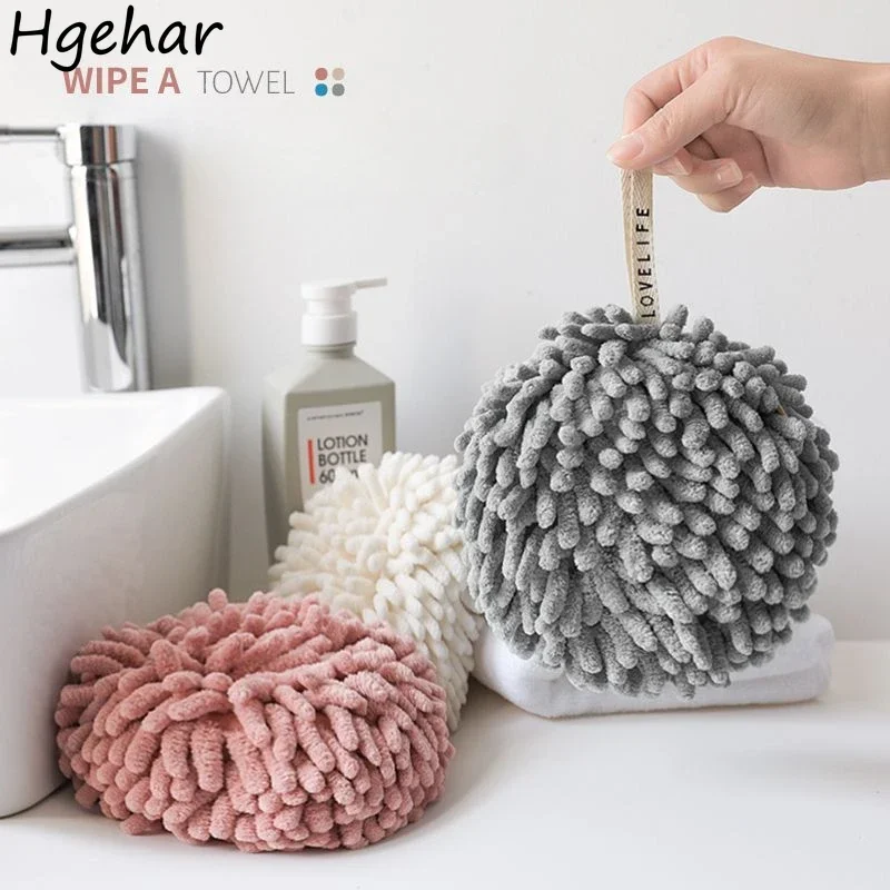 Quick Dry Hand Towel with Handle Chenille Cleaning Kitchen Bathroom Solid Soft Strong Water Absorbent Thicken Wipe Ball Shape