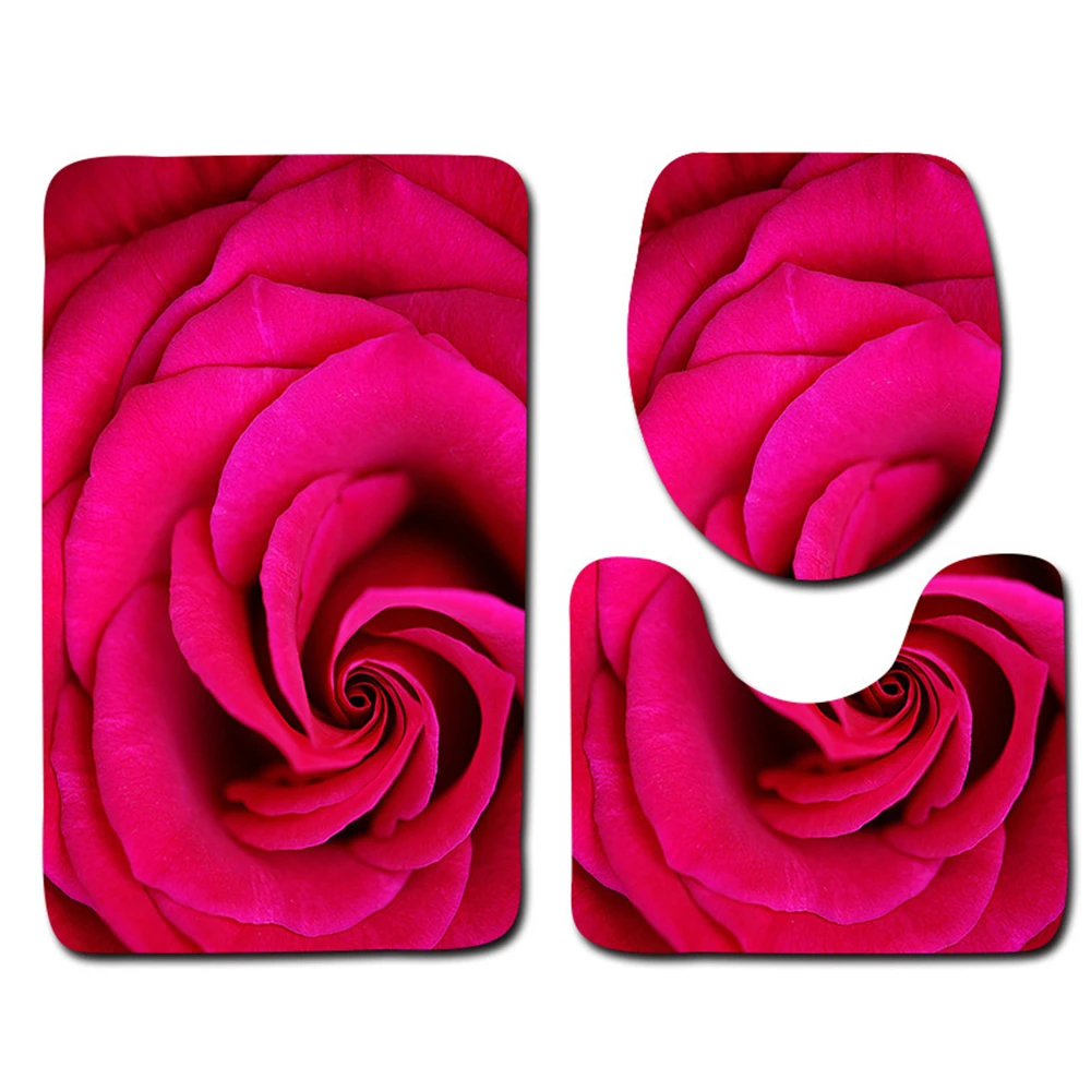 

Red Flower Rose Bathroom 3-piece Toilet seat cover non-slip Bath Mat Carpet Bathroom Decoration non-slip Super soft Absorbent