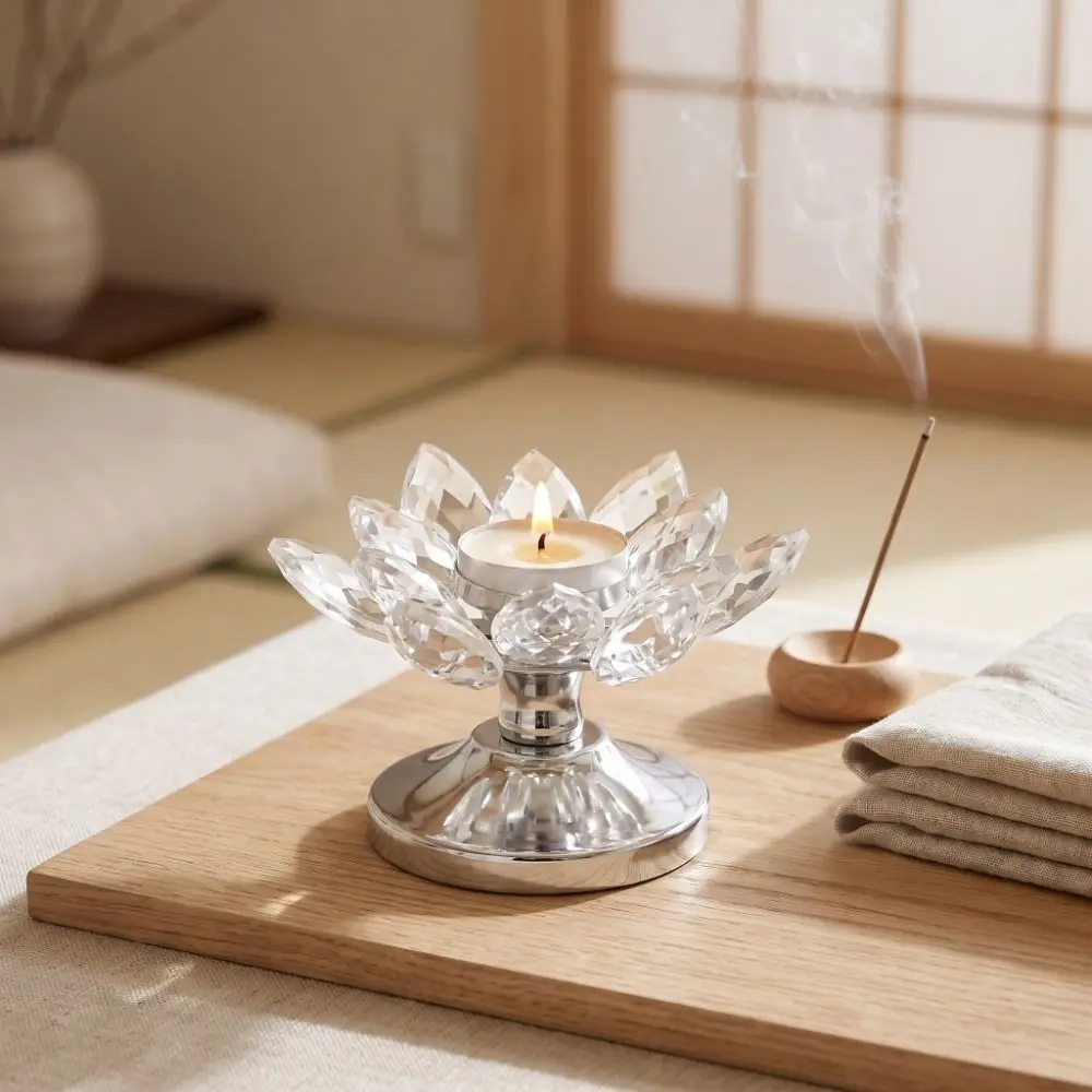 Metal Base Lotus Candle Holder Handcrafted Flat Bottom Crystal Lotus Candlestick Romantic Multi-purpose