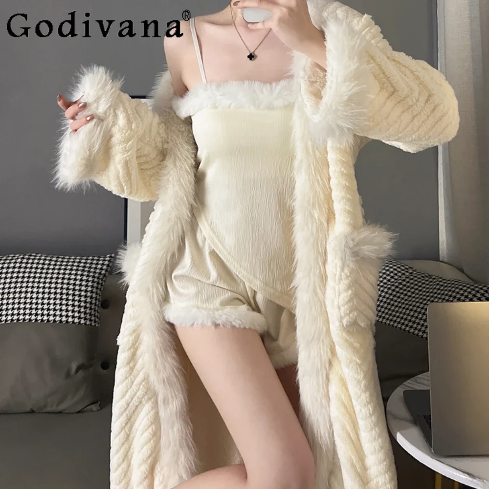 

Coral Fleece Pajamas Women's Sexy Nightdress Autumn Winter Thickened Nightgowns Robe Long Elegant Loungewear 3Pcs