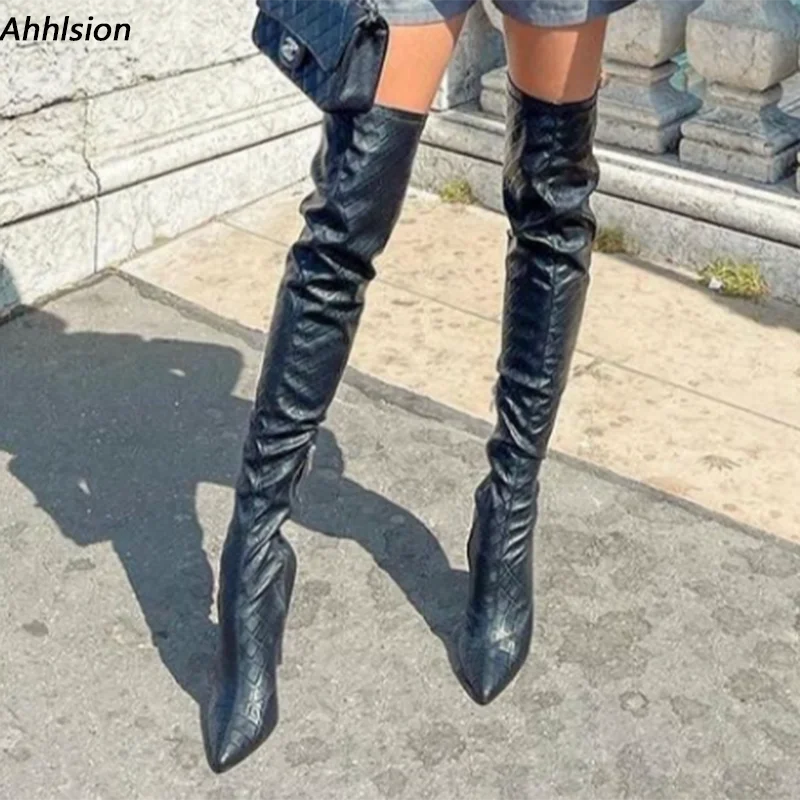 

Ahhlsion/женские весенние сапоги выше колена ручной работы, пикантные черно-белые туфли для вечеринок на тонком каблуке с острым носком, женские размеры 36-44