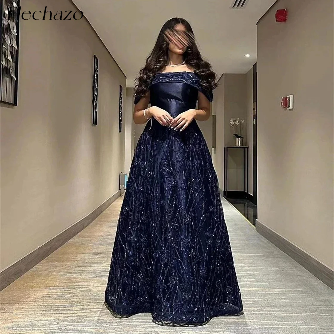 

Flechazo Navy Blue Prom Dresses Luxury Tulle Off Shoulder Elegant Evening Party Dress For Women 2024 vestidos para mujer