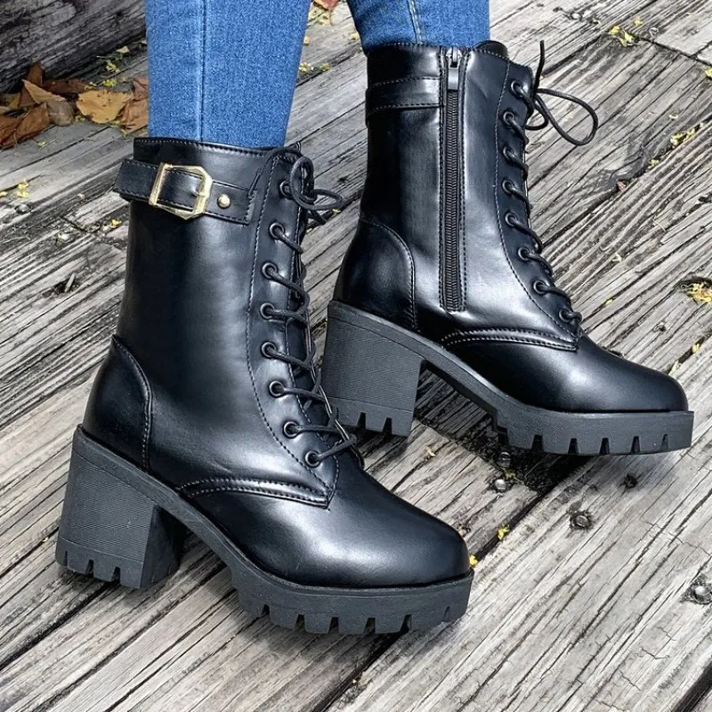 Hot Selling British Style 2025 New Round Head Chunky Heel Ankle Bootie Women's Boots Black Lace Up Shoes Botines Para Mujeres