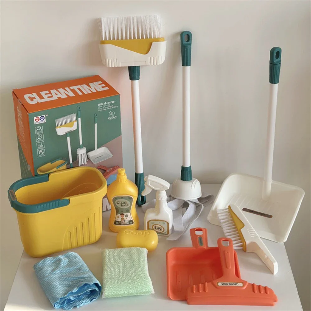 12 stks/set Kids Cleaning Set Huishoudelijk Benodigdheden Kit met Stoffer Bezem Emmer Mop Cleaning Set Speelhuis Speelgoed voor Jongens & Meisjes