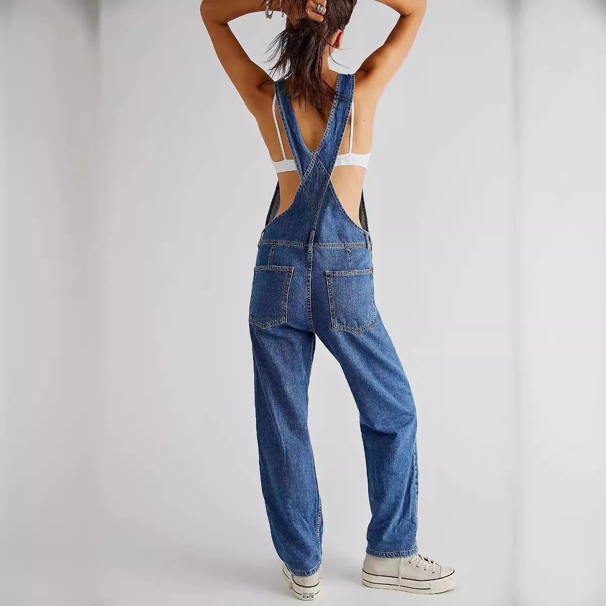 Faionable Casual Summer Loose Denim Overalls Women's Straight Leg Pants l Waist Long Trousers Versatile ket Detail