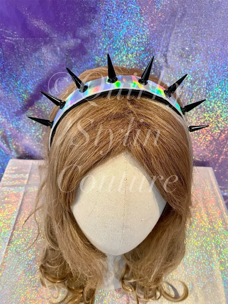 Handmade Spiked Headband Black Punk Spikes Iridescent Hairband Gothic Rave Festival Headpiece
