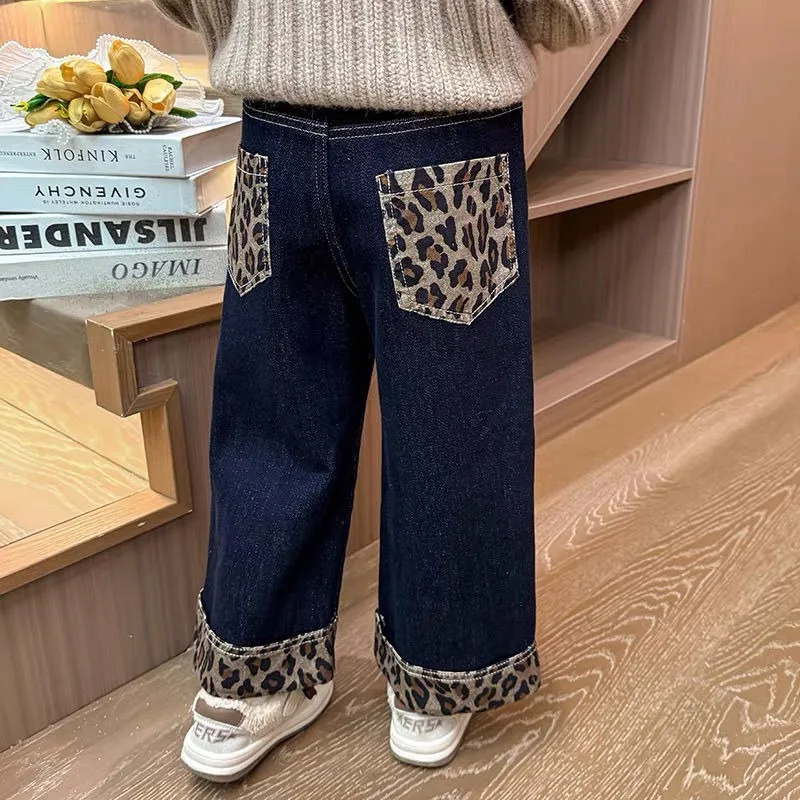 

Girls' Leopard Print Jeans Straight-Leg Winter 2025 Thickened Fleece Wide-Leg Pants Trendy Kids' Clothing