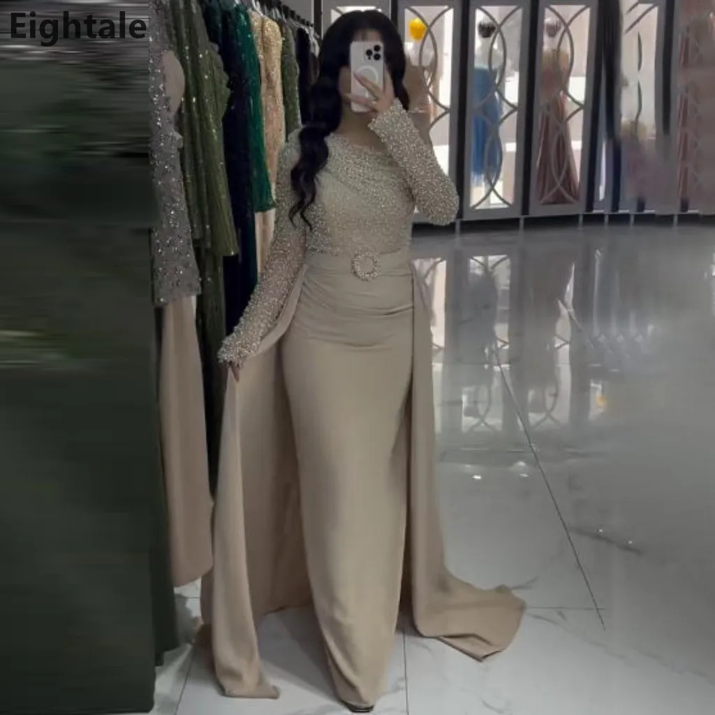 

Eightale Champagne Mermaid One Shoulder Long Sleeve Evening Dress Sequin Pearls Women Party Prom Dresses Dubai 2025 Customized