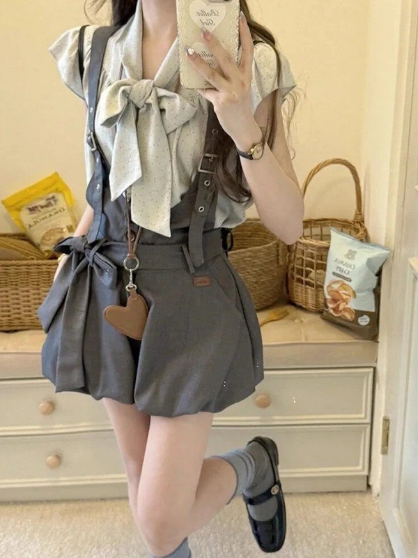 Conjunto de camisa con nudo de mariposa y pantalones cortos de verano, conjunto de moda para mujer estilo uniforme escolar Sw...