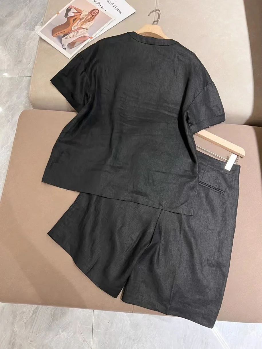 Women Linen Black Set V-Neck Short Sleeve Blouse or High Waist Shorts