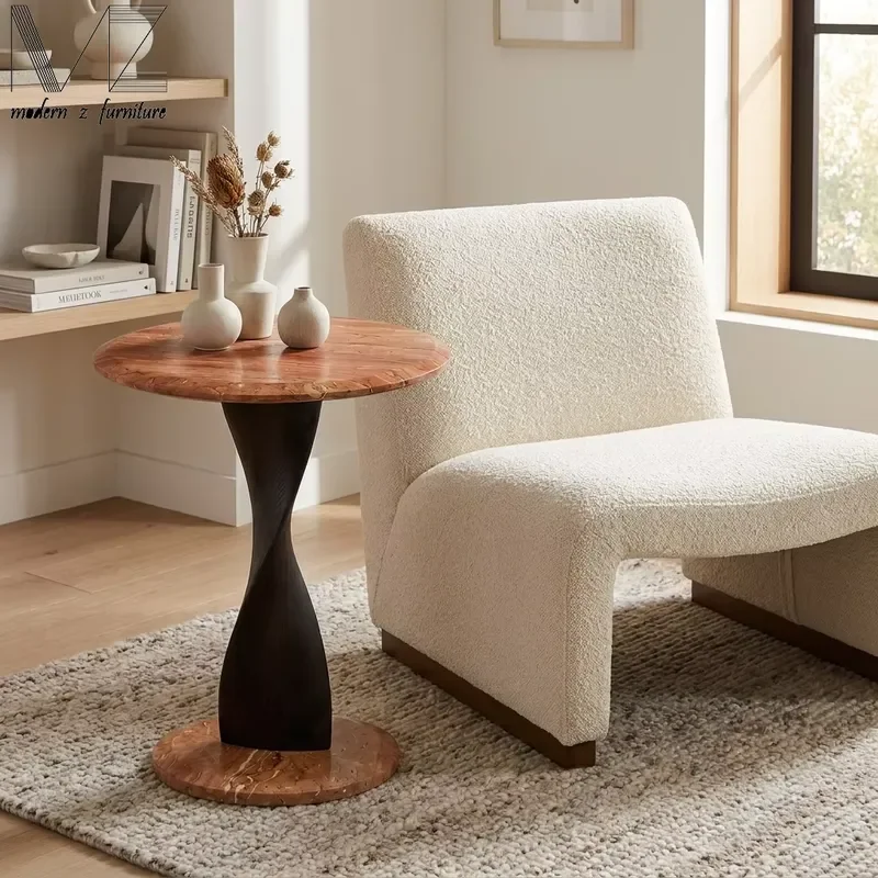 Minimalist Aesthetic Living Room Round Marble Natural Stone Pedestal Base Sculptural Twisted Wood End Travertine Coffee Table