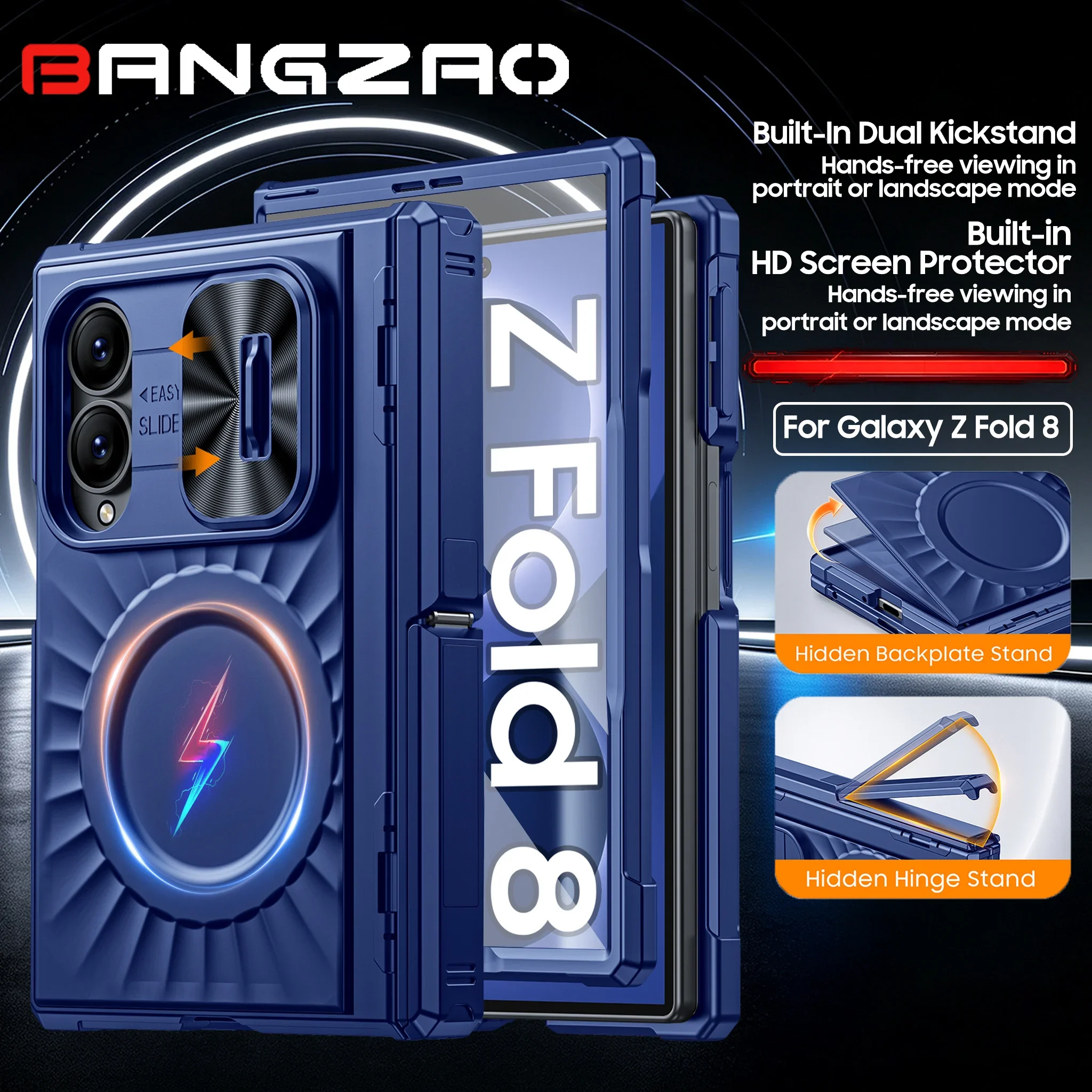 with Magnetic,Tempered Glass Screen Protector, Slim Translucent Matte Shockproof Case for Samsung Galaxy Fold 8 Case-Bluase-Blue