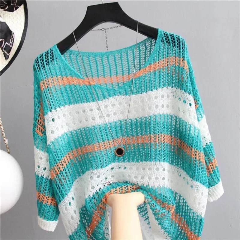 Women Half Sleeve Colorful Hollow Out Blouses Striped Ice Silk Knit Shirt Loose Retro Style Pullover Lightweight Tank Tops