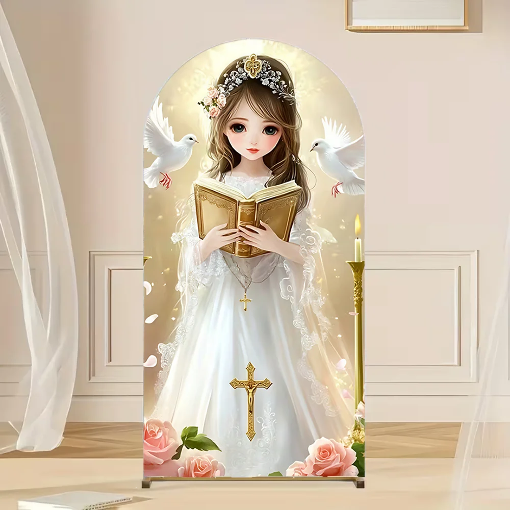 

Baptism Arch Backdrop Cover First Holy Communion Party Boy Girl Cross Christening Angel Baby 2-sided Background Decor