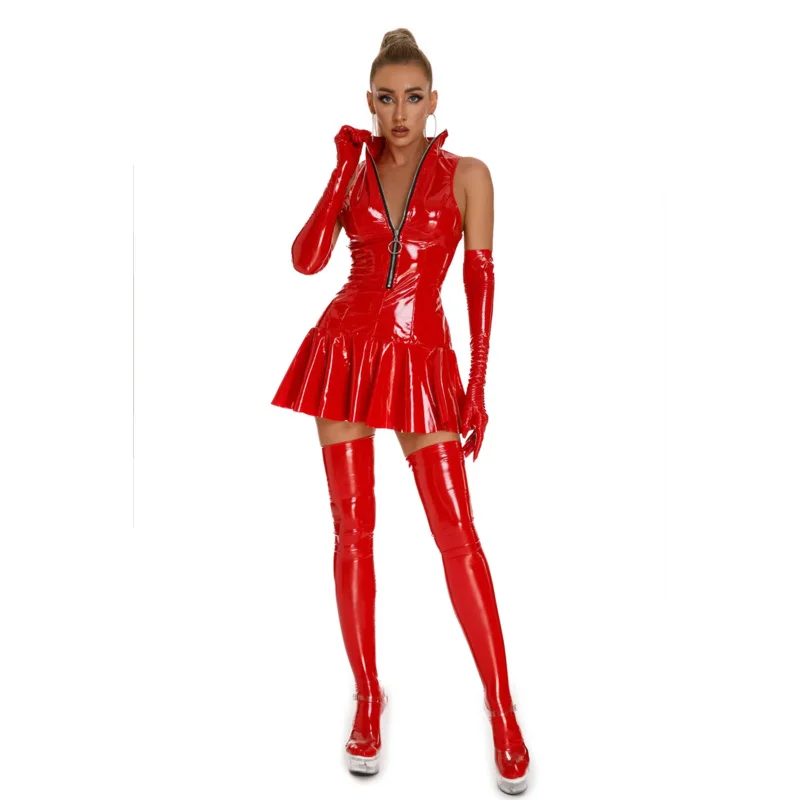 Women sexy glossy leather slip dress Lady erotic shaping short dress zipper hardcore exposed latex mini dress