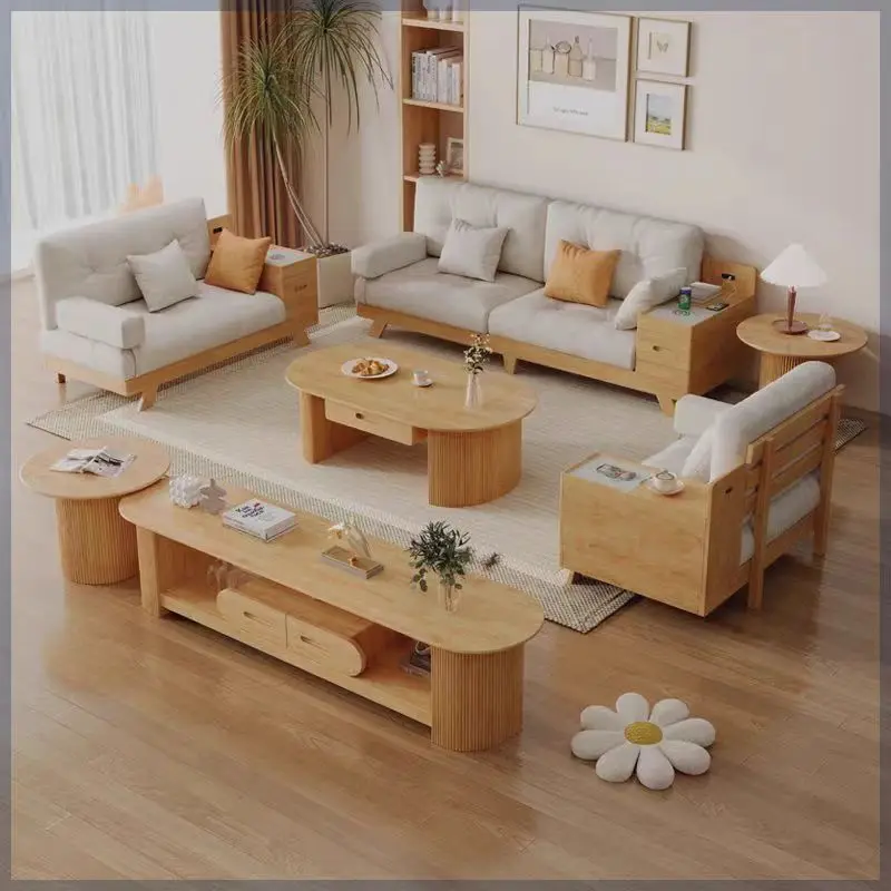 Large and small apartment cloud sofa living room corner storage sofa with wireless charging rubber wood sofa