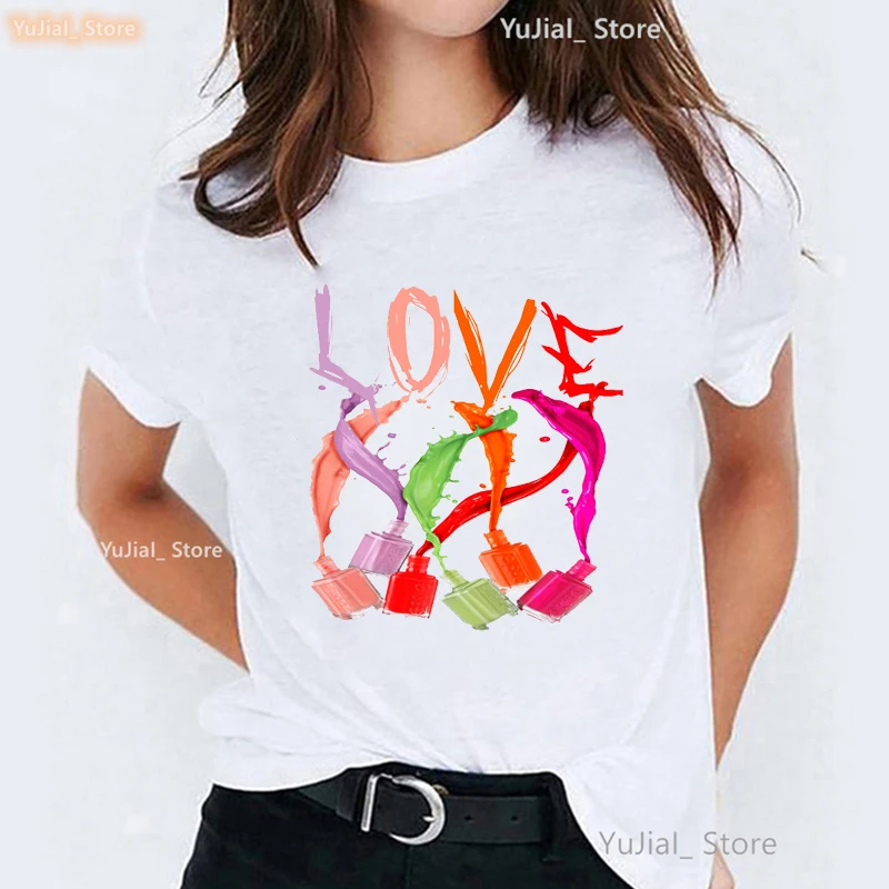 

Colorful Love Nail Graphic Print T Shirt Women Clothes 2023 Artistic Aesthetic Tshirt Femme Makeup Fashion T-Shirt Female Tops