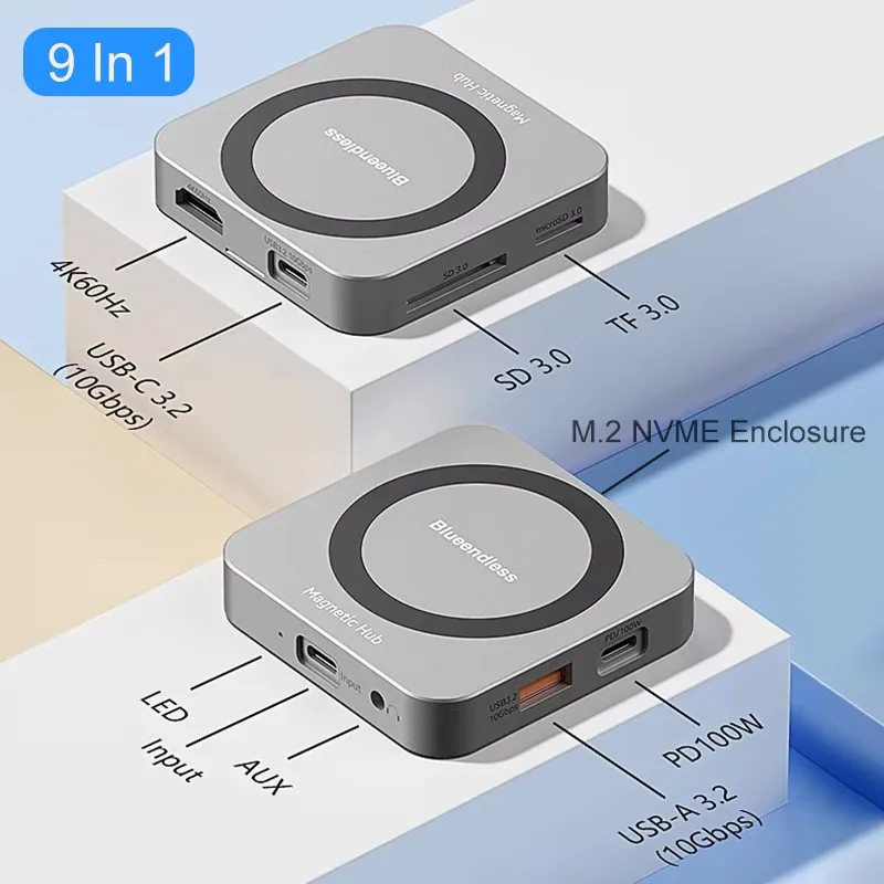 USB-C USB C HD HDTV 4K 60Hz Audio PD 100W Charging Magnetic Hub 9 in 1 Multiport Hub Adapter with M.2 NVME SSD Enclosure 10Gbps