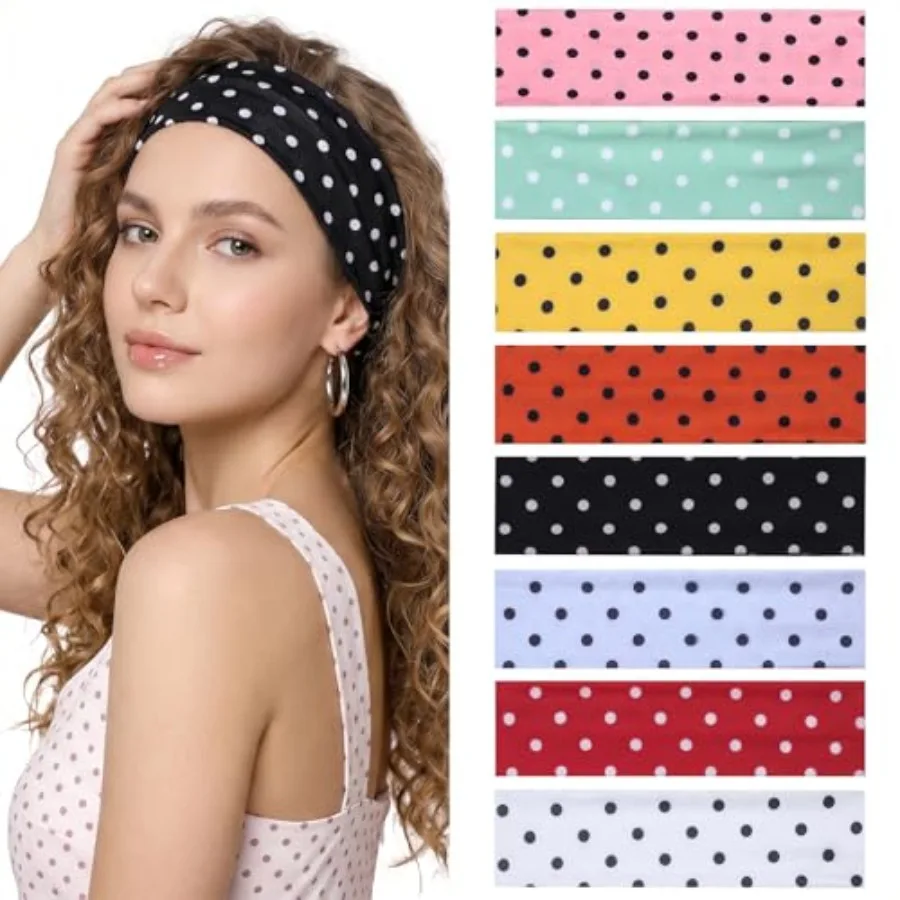 

8 PCS Polka Dot Headband for Women, Non Slip Soft Wide Elastic Polka Dot Headbands Fashion Hair Accessories for Women Yoga Work