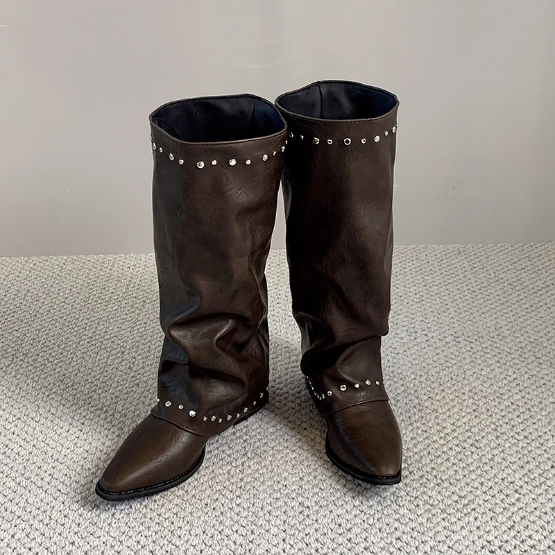 Pointed Toe Rivet Wide Calf Long Boots Women Ruched Slip On Block Heel Vintage Western Knee High Boots Ladies Fashion Footwear