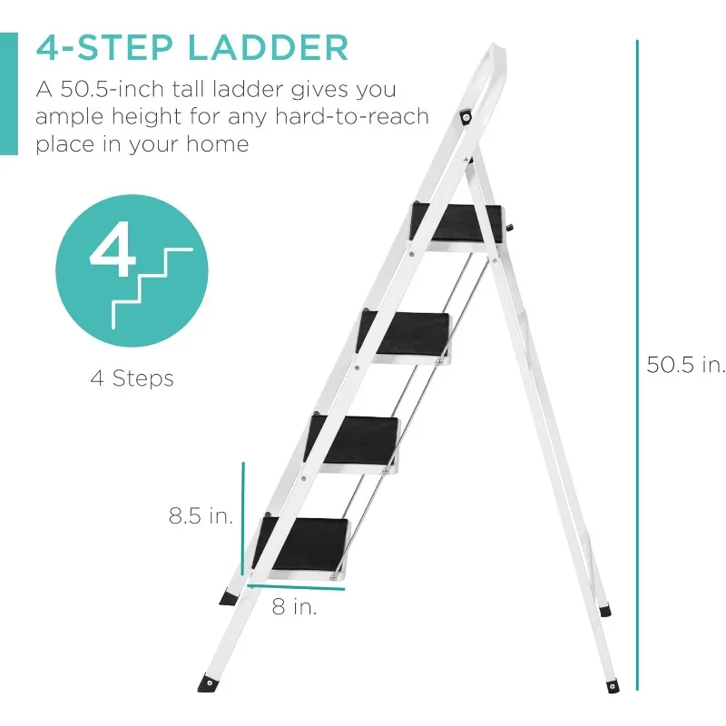 4-Step Portable Folding Heavy-Duty Steel Ladder w/Hand Rail, Wide Platform Steps, 330lbs Capacity