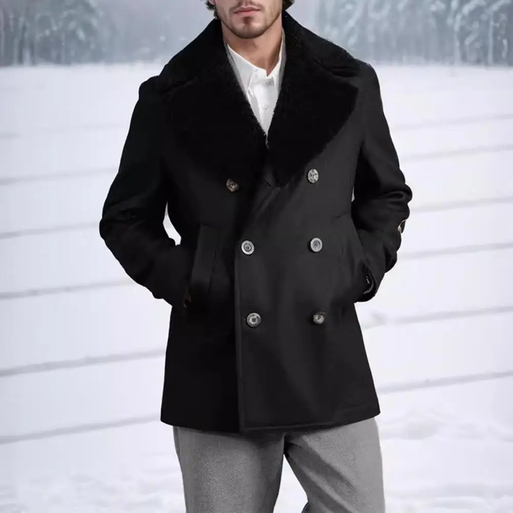 Double-breasted Woolen Coat Elegant Men's Woolen Coat with Plush Edges Double-breasted Design Stylish Lapel Long Sleeve Winter