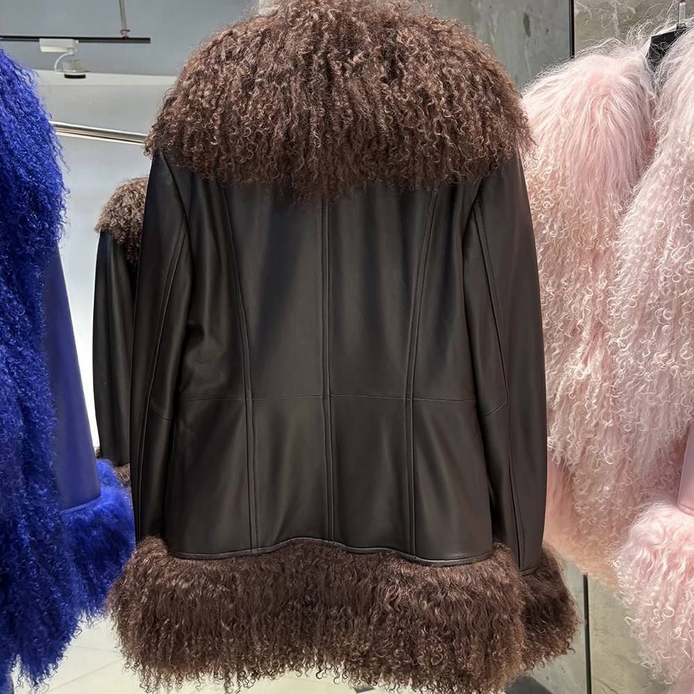 YOLOAgain Real Mongolia Sheep Fur Collar Real Leather Jacket Coat Women