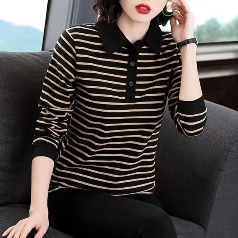 Autumn Winter Lapel Pure Cotton Striped Print T-shirt Lady Long Sleeve Loose Casual Pullover Top Women 5XL Simple All-match Tees