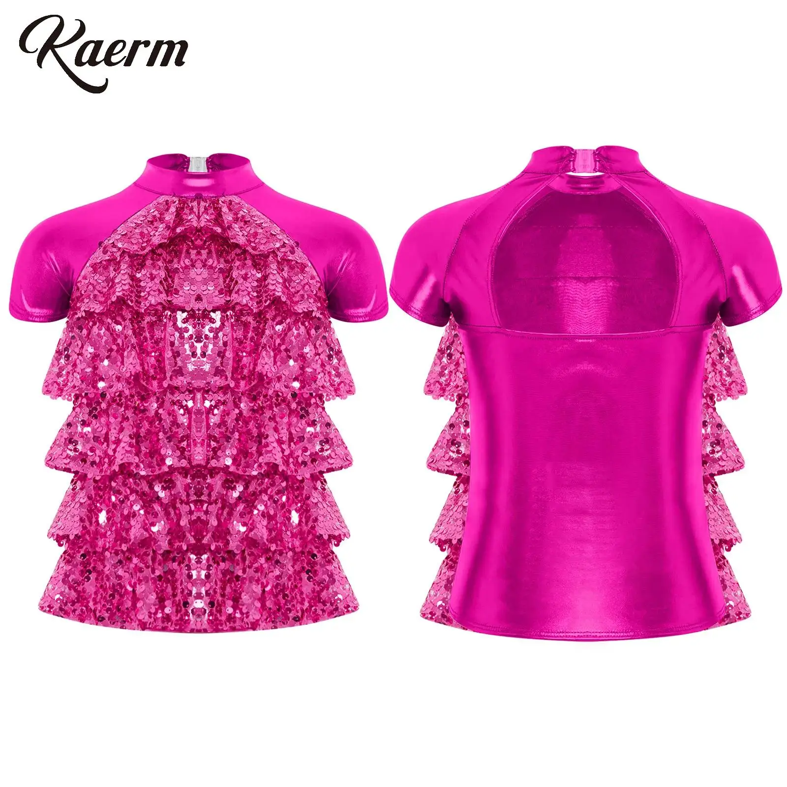 

Girls Sequins Dance Tops Short Sleeve T-Shirt Shiny Metallic Mesh Tiered Back Cut Top Modern Jazz Latin Dance Stage Performance