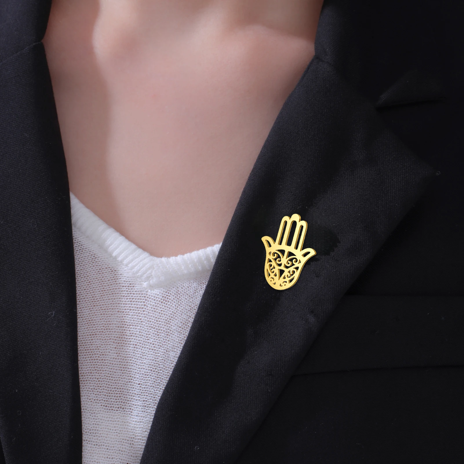 Trend Hollow Hamsa Fatima Hand Metal Pins Stainless Steel Brooch Women Men Suit Backpack Badge Accessories Lucky Jewelry Gifts