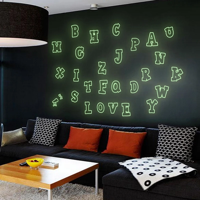 5/10/15PCS 26psc Luminous Fluorescent Glow In The Dark English Letter Removable Wall Stickers For Kids Rooms Home Decoration