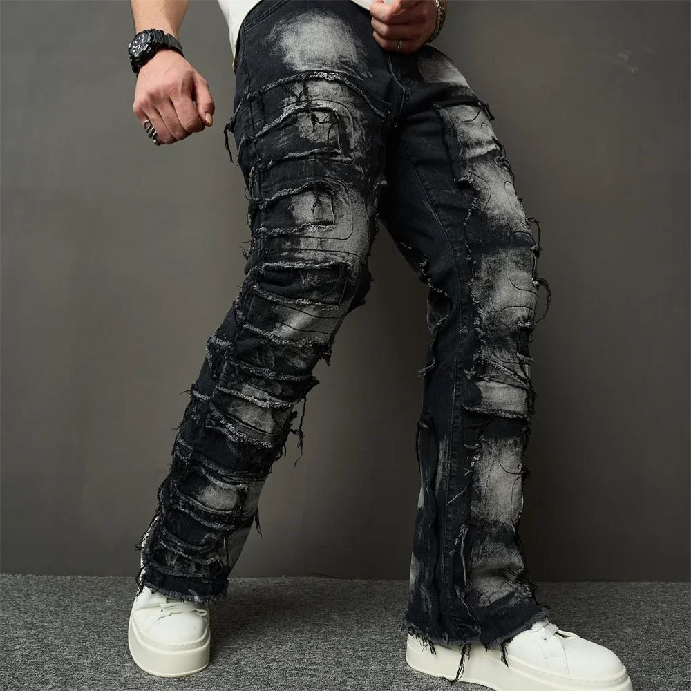 Streetwear HipHop Men Ripped Spliced Patch Straight Jeans Stylish Male Distressed Loose Biker Denim Pants