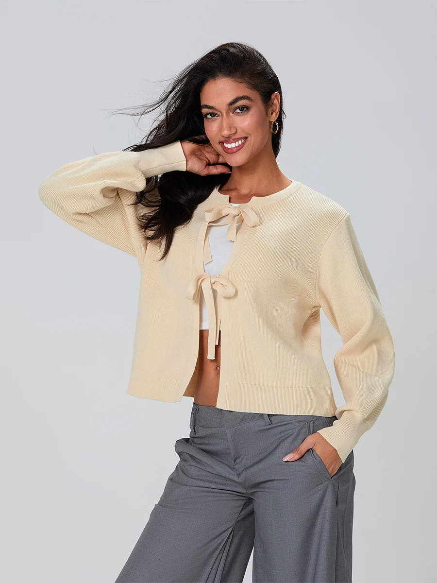 Womens Fall Knit Cardigan Solid Color Ribbed Tie Front Long Sleeve Loose Winter Sweater Coat