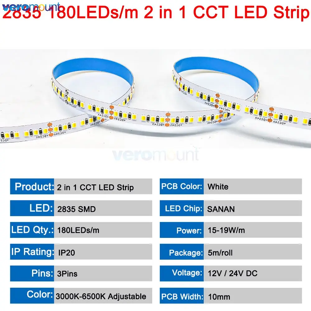 12V 24V DC SMD 2835 CCT LED Strip 120 180 LEDs/m 2 in 1 Chip CCT Dual White Flexible LED Strip Light Tape Lamp IP20 8mm 10mm PCB